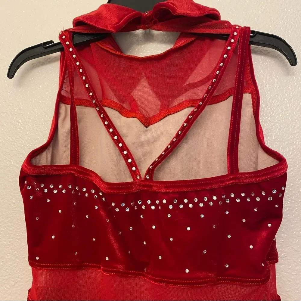 WEISSMAN solo Dance Costume red Crystal feather Leotard stoned velvet 15752 MA